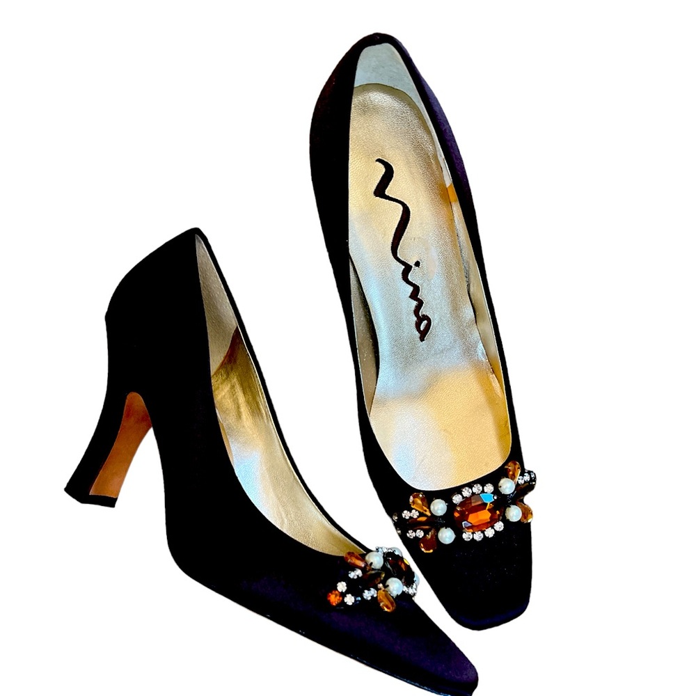 Nina Bejeweled Pumps Brown Satin 8M